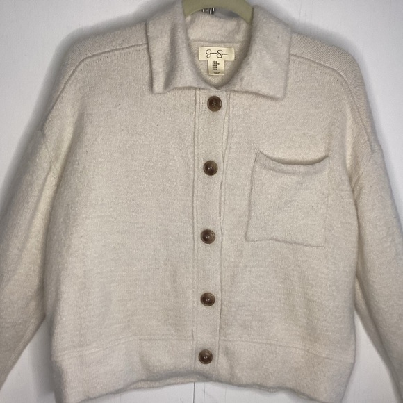 Jessica Simpson Button Front Ivory, Cream Boxy Soft Collared Cardigan Sz Large - Picture 2 of 6